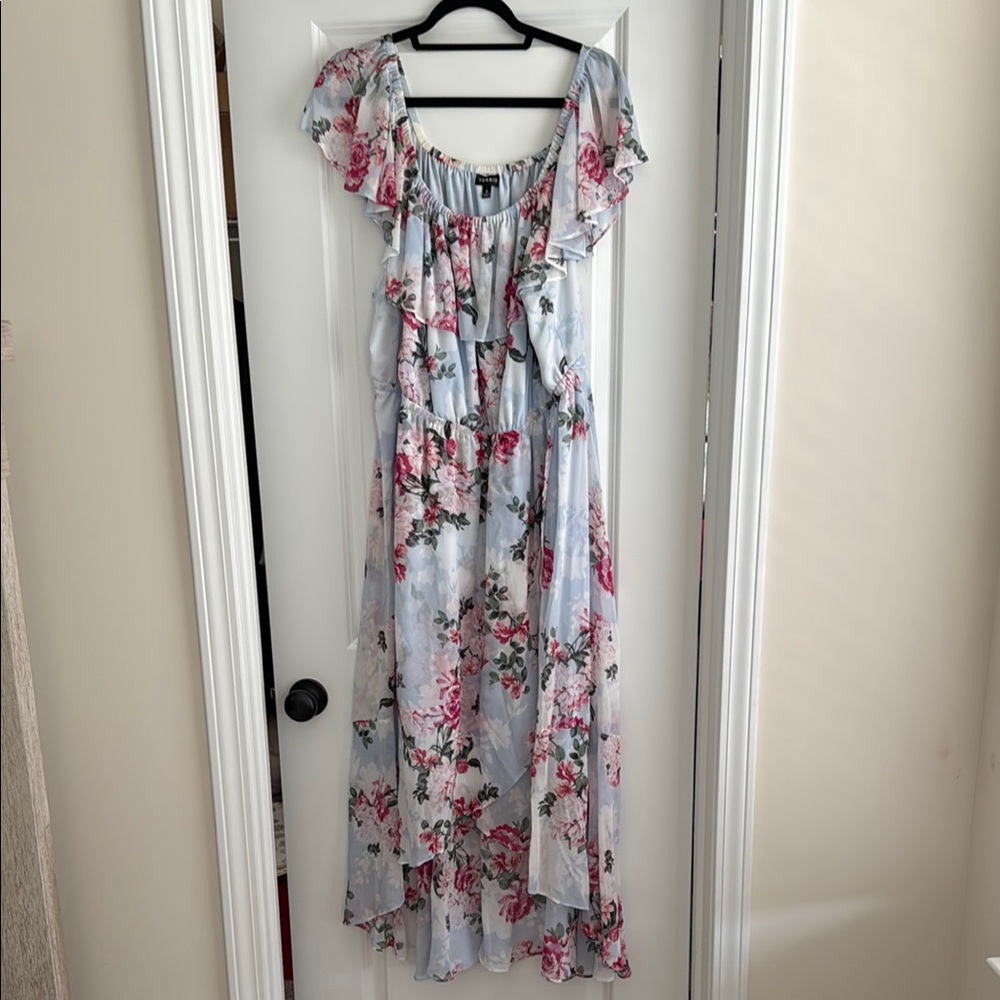 Torrid Floral Ruffle Maxi Dress in Pink and Gray